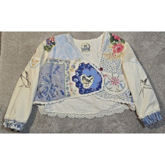 OOAK Magnolia Boho Indie Jacket Upcycle VTG Flour Sack Oversized Short L - XL - Picture 10 of 16